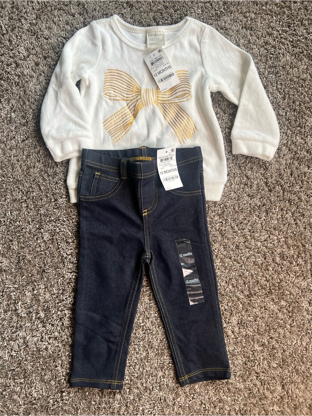 First Impressions White Top with Gold Bow & Dark Blue Jeans Set